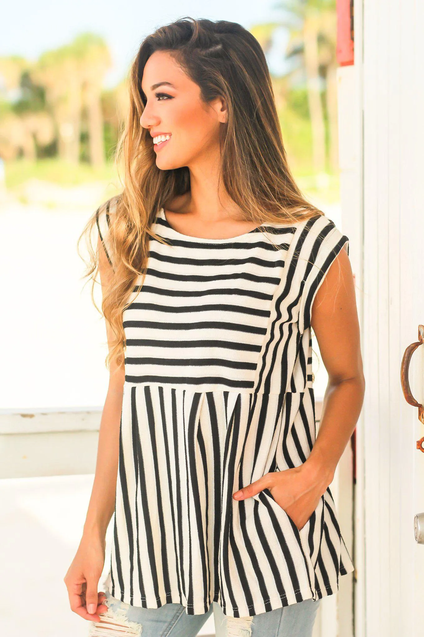 Black Striped Babydoll Top with Pockets