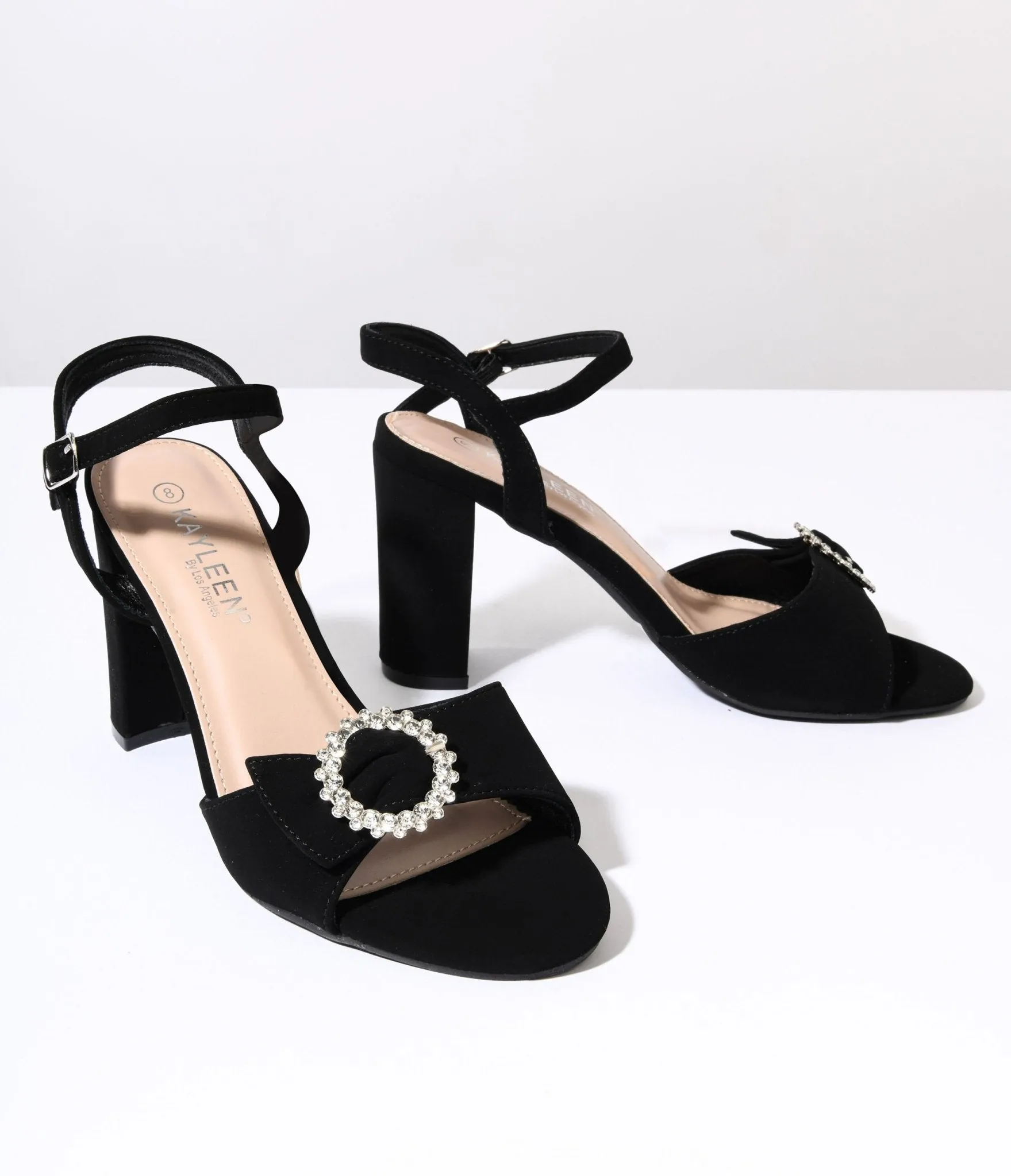 Black Suede & Silver Rhinestone Peep Toe Heels