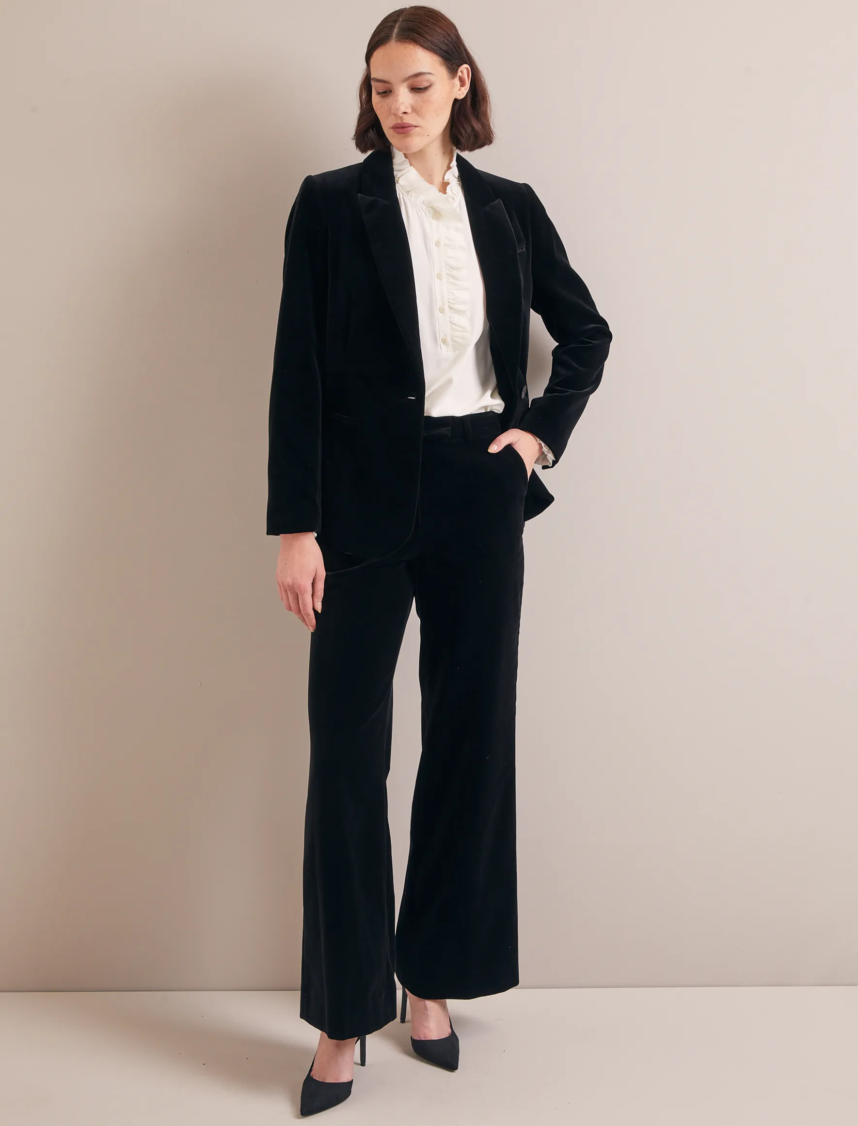 Black Taylor velvet wide leg trousers