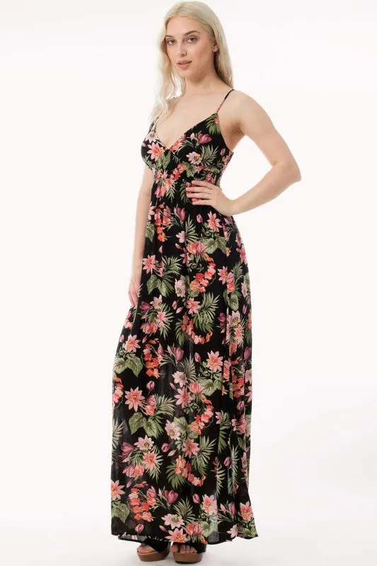 Black Tropical Print V-Neck Smocked Back Maxi Sundress