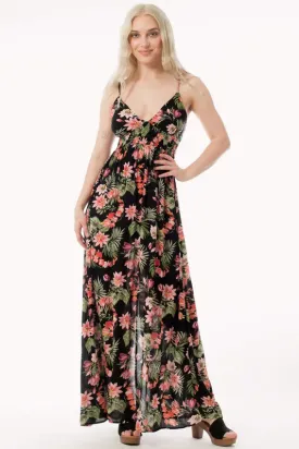 Black Tropical Print V-Neck Smocked Back Maxi Sundress