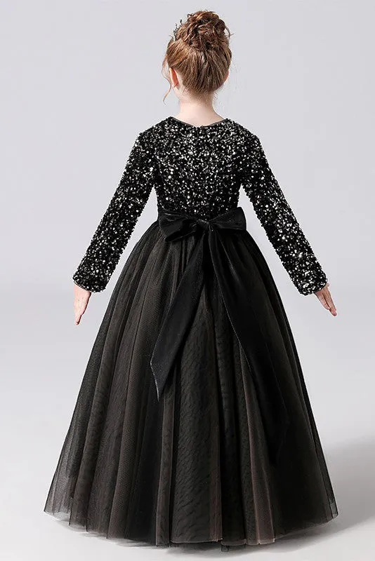 Black Tulle Long Sleeve Floor Length Flower Girl Dresses With Sequins