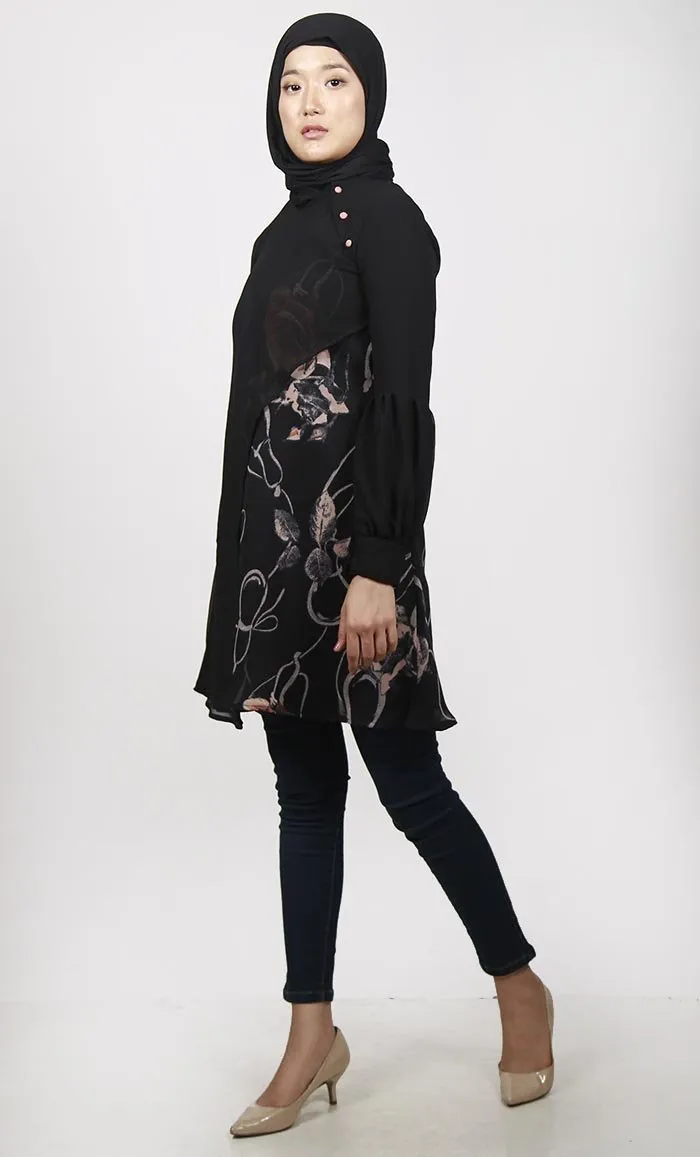 Black Two Layered Abstract Printed Georgette Tunic