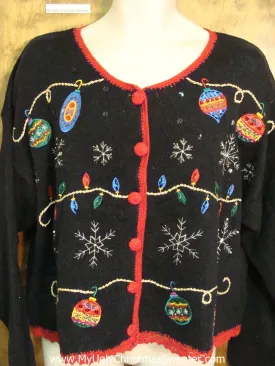 Black Ugly Christmas Sweater Cardigan with Ornaments