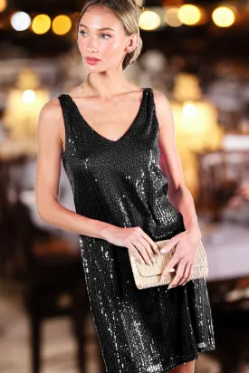 Black V-Neck Sleeveless Sequin Mini Dress