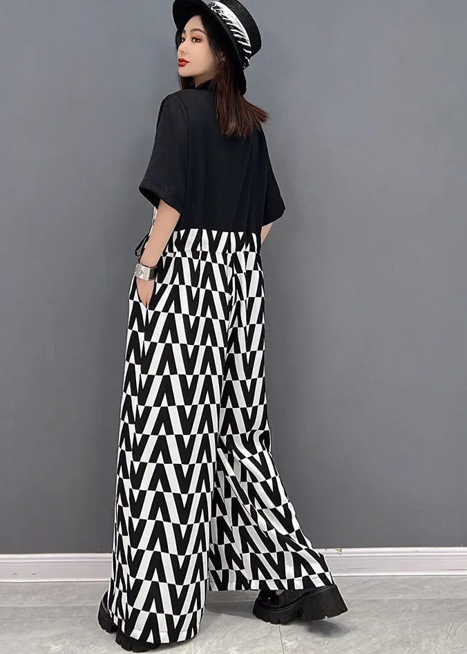 Black V Print Chiffon Jumpsuit Wide Leg Pants Tie Waist Short Sleeve