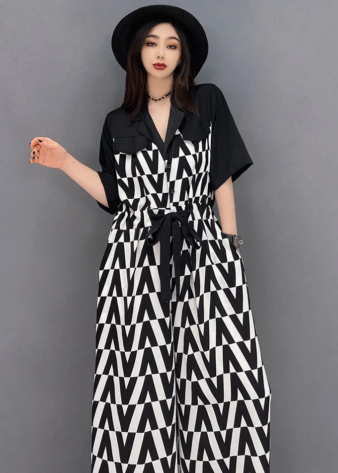 Black V Print Chiffon Jumpsuit Wide Leg Pants Tie Waist Short Sleeve