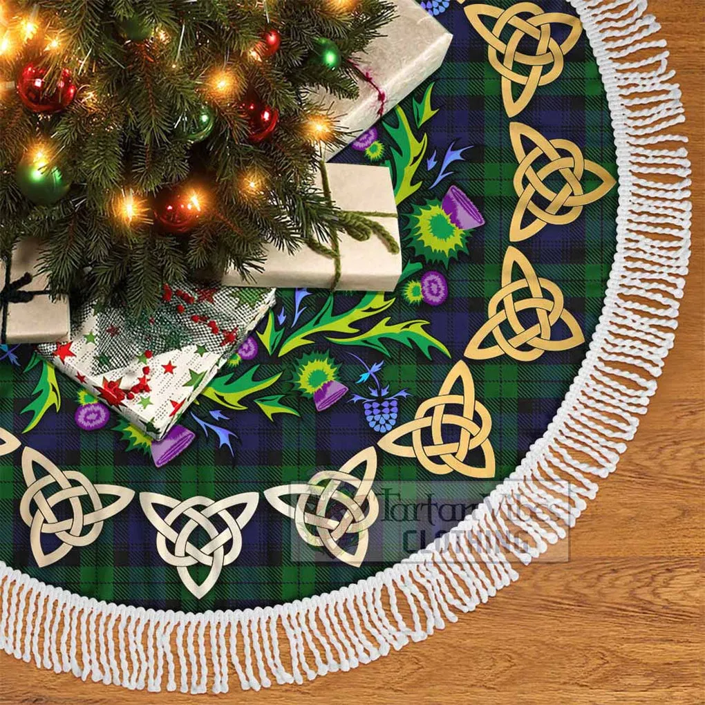 Black Watch Tartan Christmas Tree Skirt with Thistle Celtic Knot Style