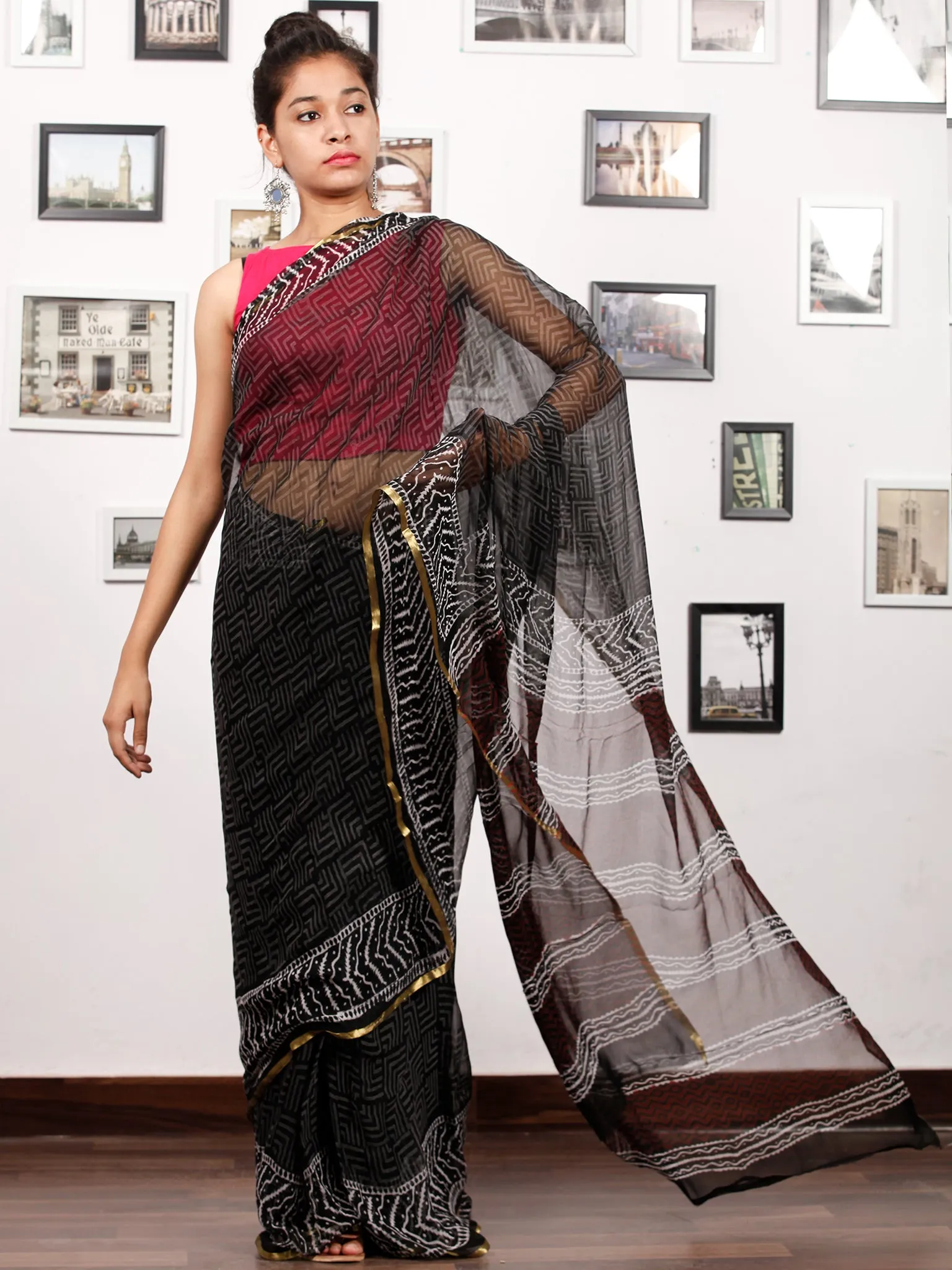 Black White Red Hand Block Printed Chiffon Saree with Zari Border - S031703169