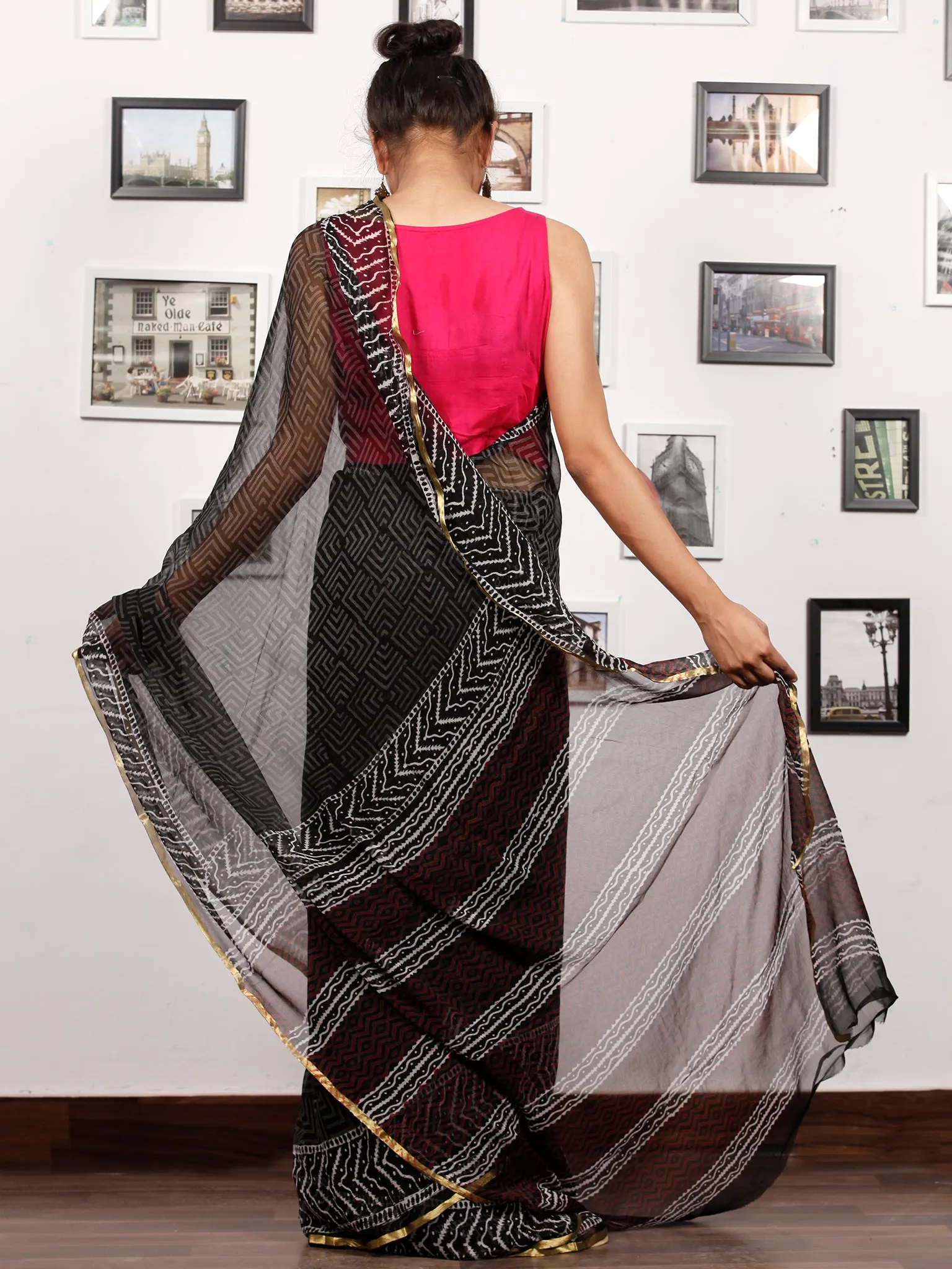 Black White Red Hand Block Printed Chiffon Saree with Zari Border - S031703169