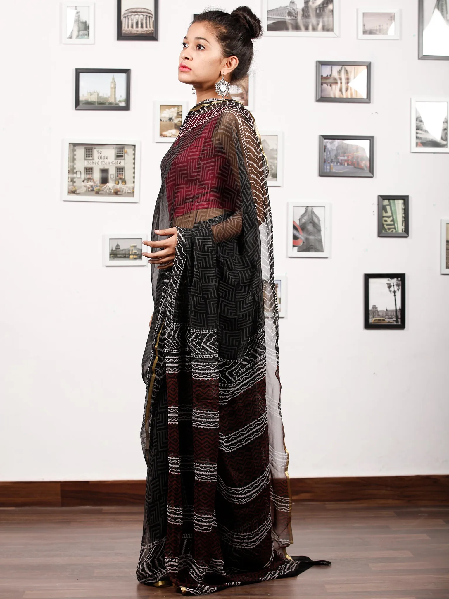 Black White Red Hand Block Printed Chiffon Saree with Zari Border - S031703169