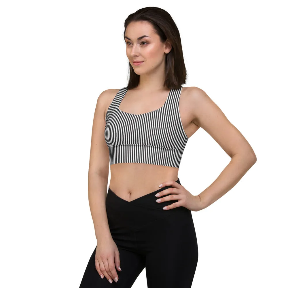 Black White Striped Sports Bra, Best Vertical Stripes Longline Sports Bra For Ladies-Made in USA/EU/MX