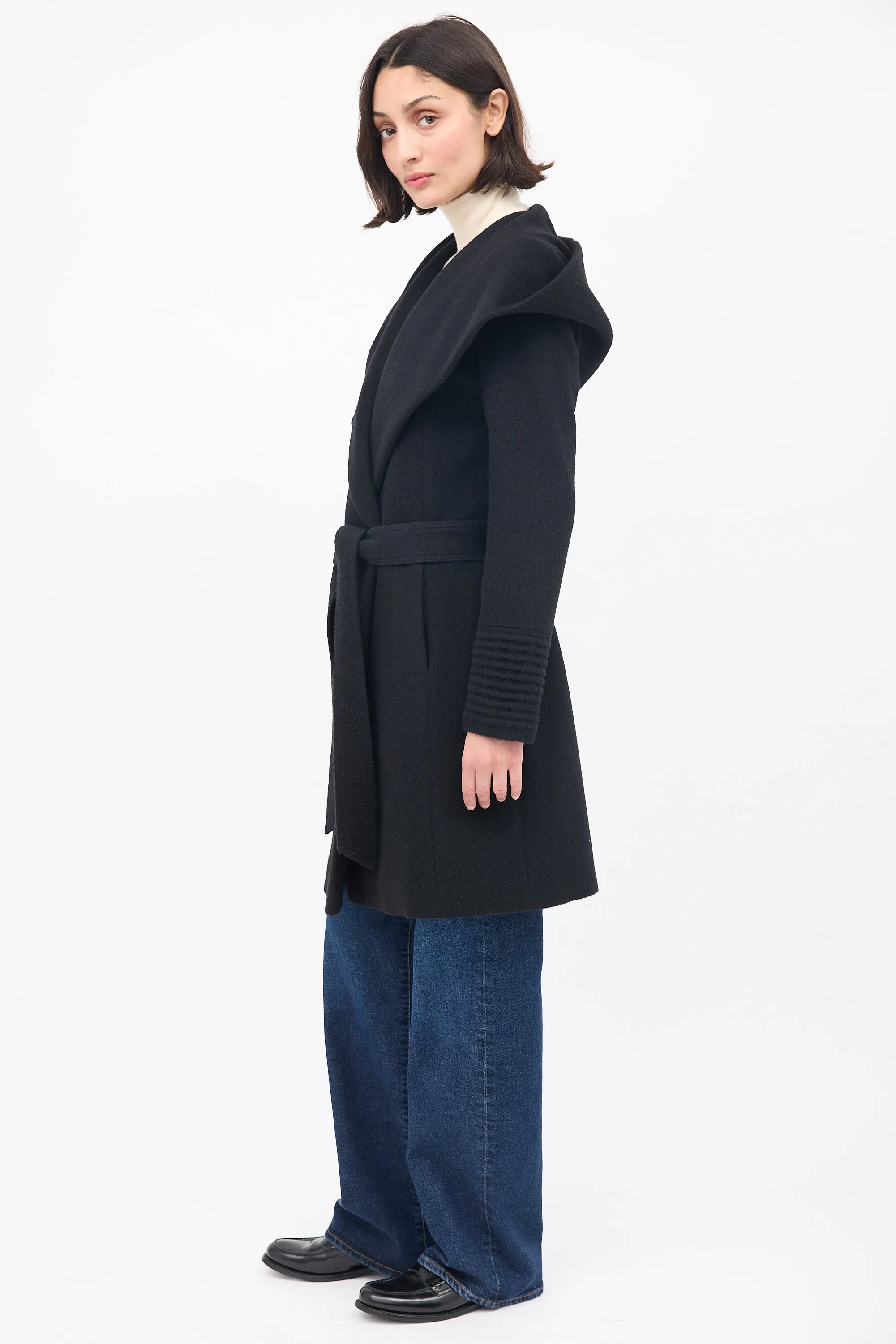 Black Wool Mid Length Hooded Wrap Coat