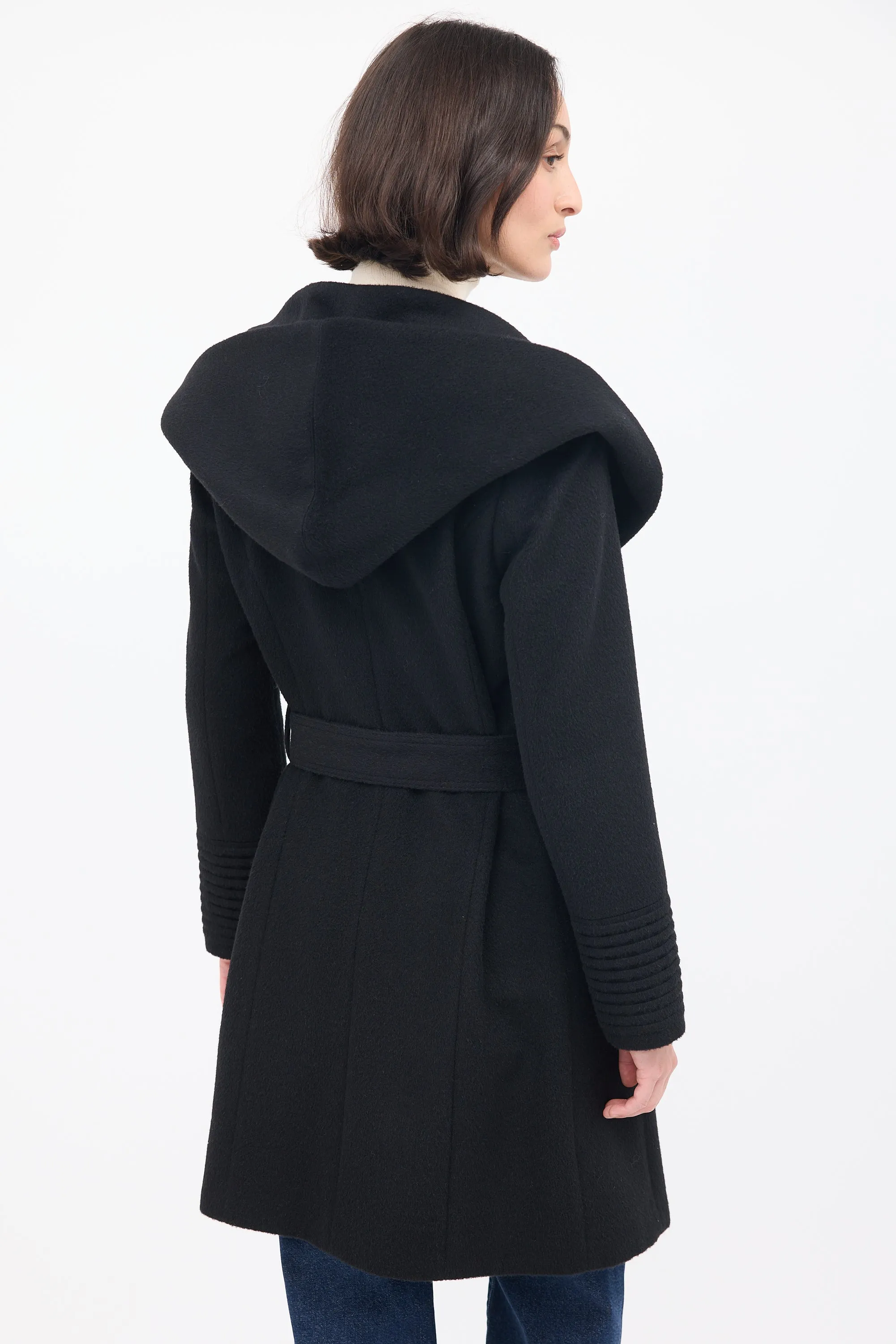 Black Wool Mid Length Hooded Wrap Coat