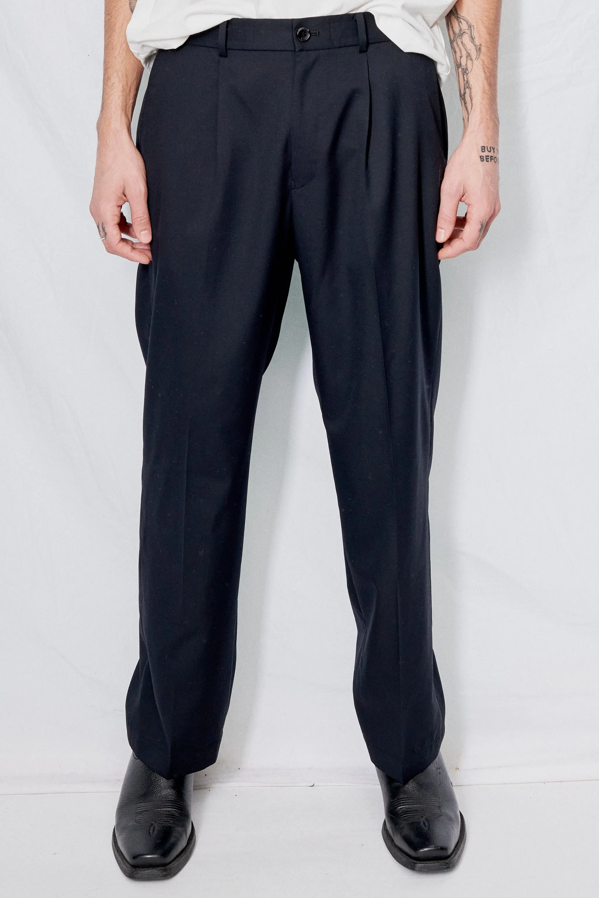 Black Wool Wide Tapered Easy Slacks