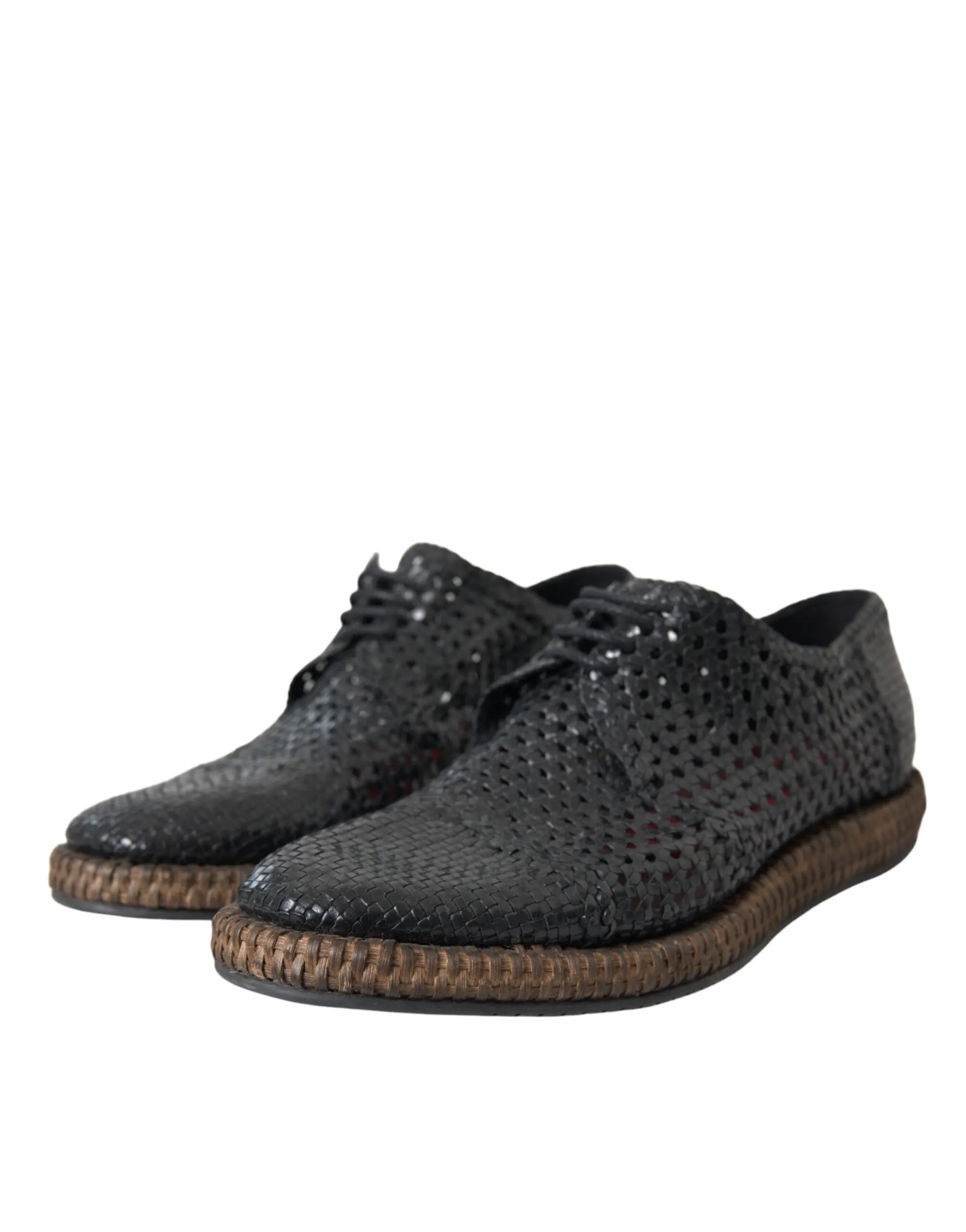 Black Woven Goat Leather Lace Up Derby Shoes