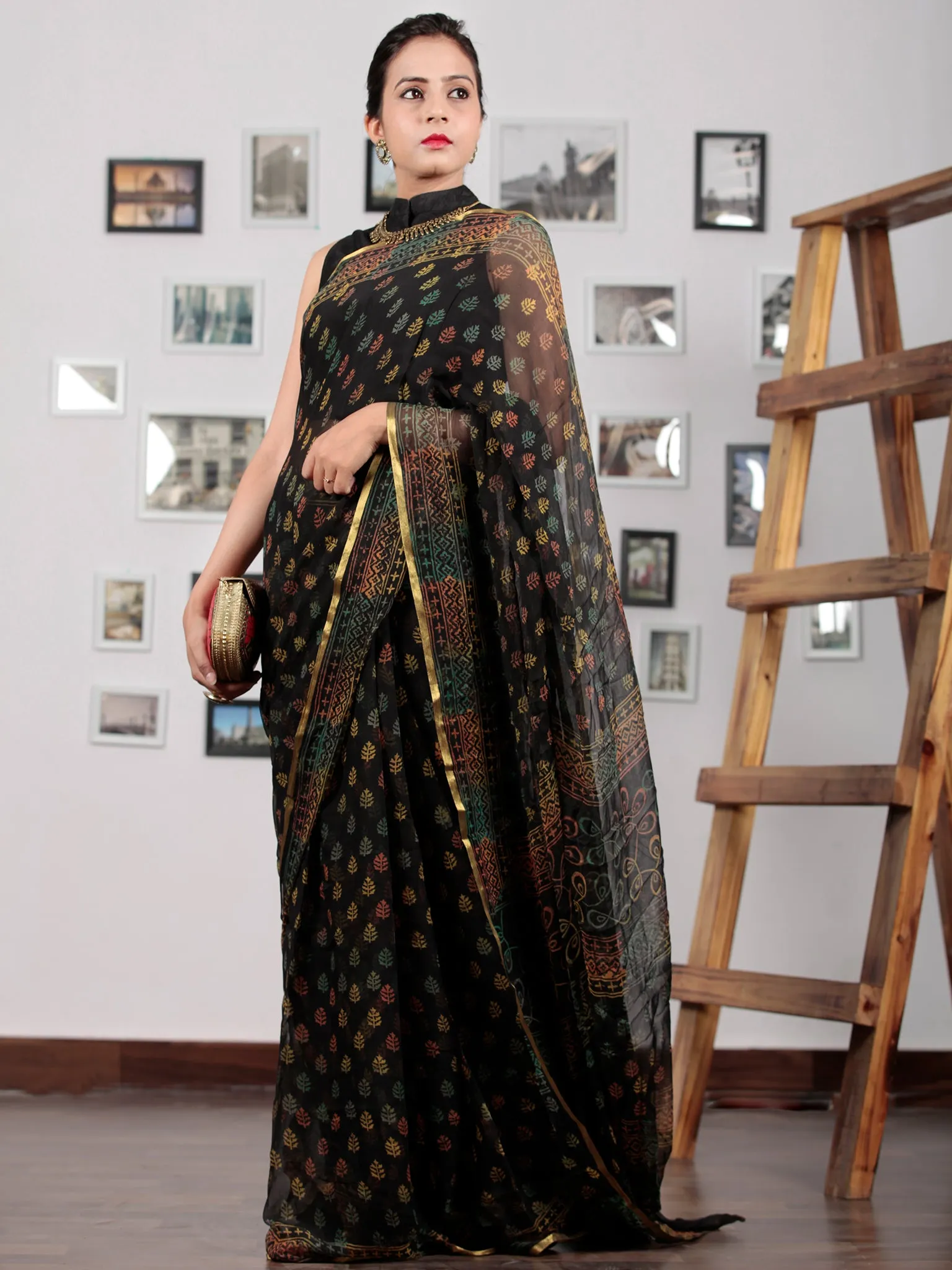 Black Yellow Green Rust Hand Block Printed Chiffon Saree with Zari Border - S031702768