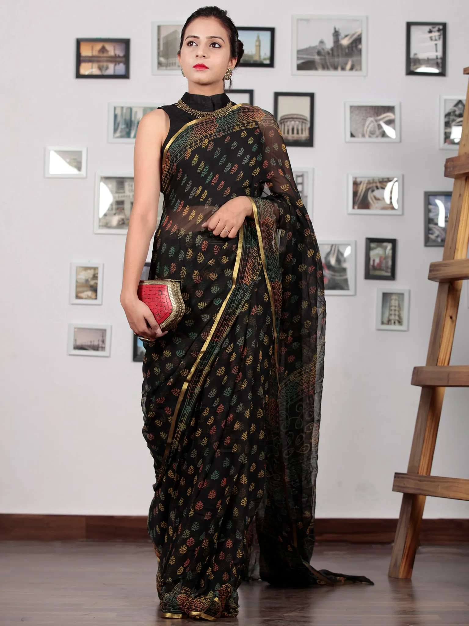 Black Yellow Green Rust Hand Block Printed Chiffon Saree with Zari Border - S031702768