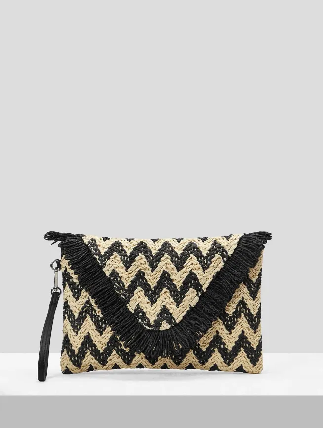 Black Zigzag Straw Clutch Bag