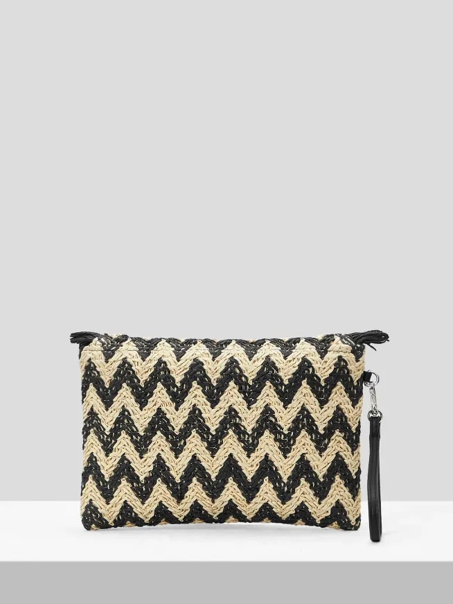 Black Zigzag Straw Clutch Bag