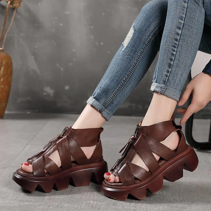 Black zippered Flat Platform Walking Sandals