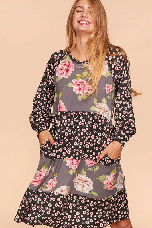 Black/Grey/Mauve Floral Clock Block Tiered Midi Dress