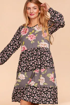 Black/Grey/Mauve Floral Clock Block Tiered Midi Dress