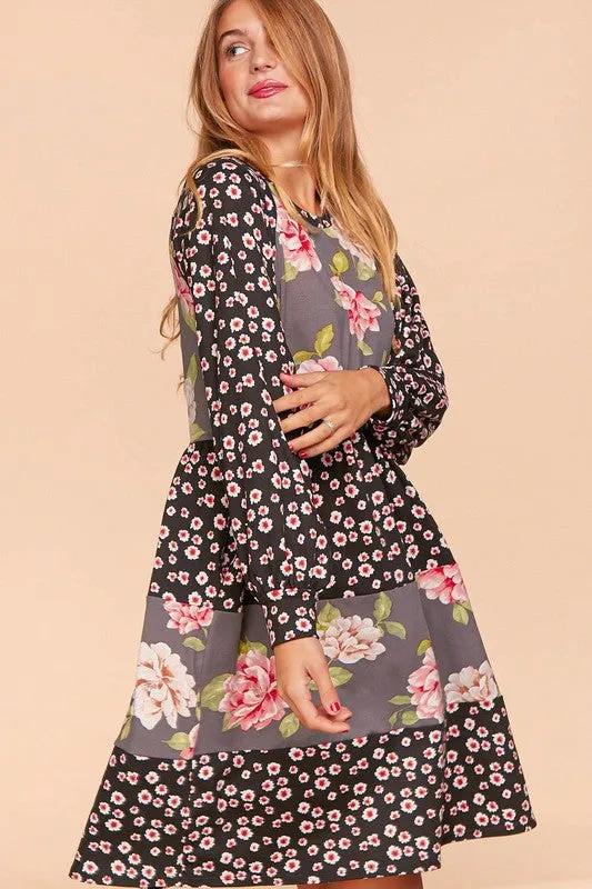 Black/Grey/Mauve Floral Clock Block Tiered Midi Dress