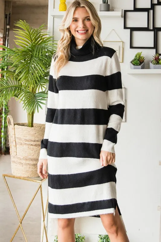 Black/White Wide Striped Turtleneck Sweater Dress