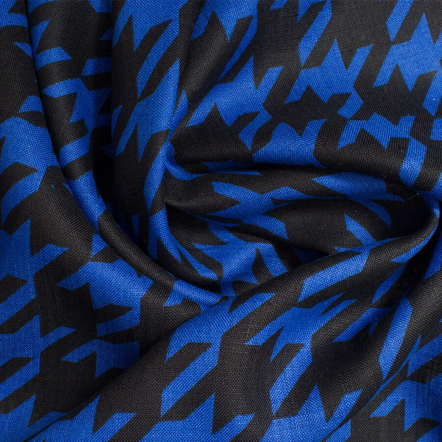 Blue & Black Houndstooth Printed Linen