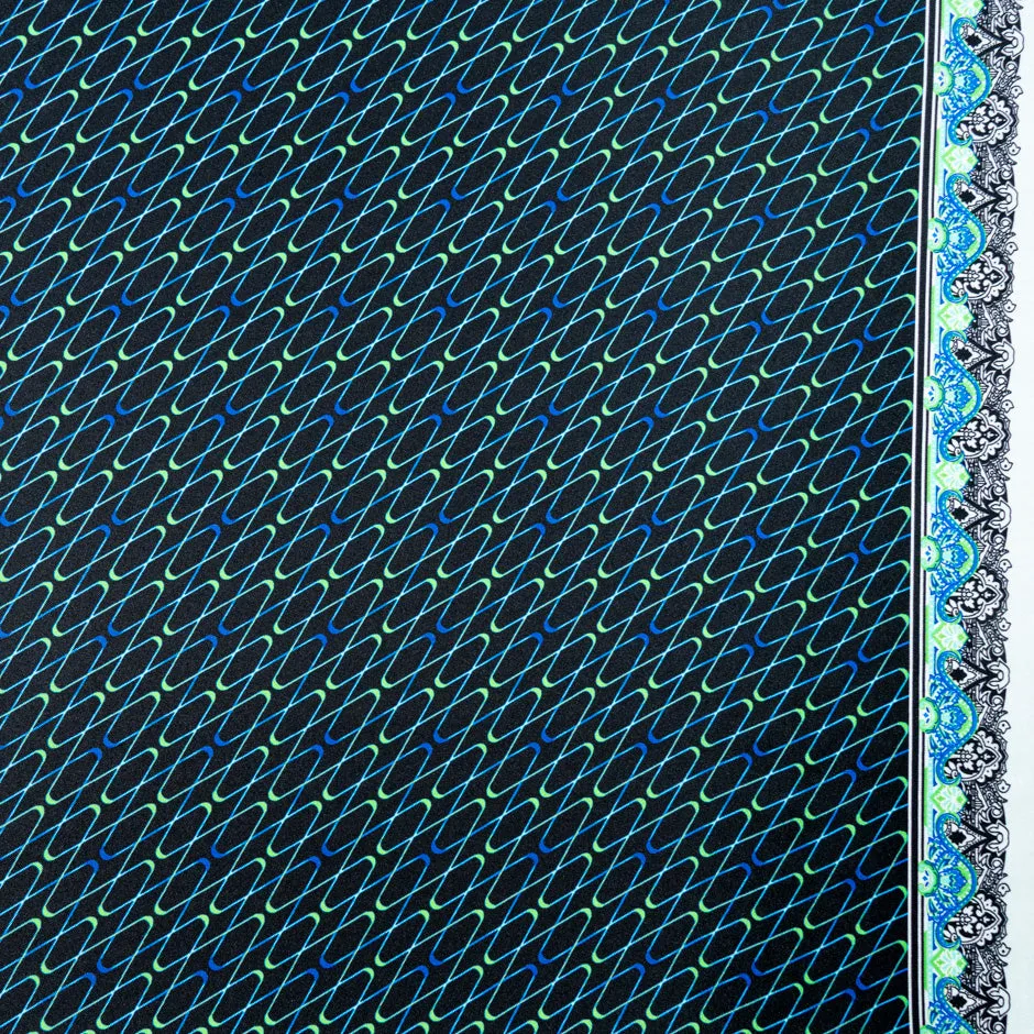 Blue & Green Geometric Printed Black Silk Twill