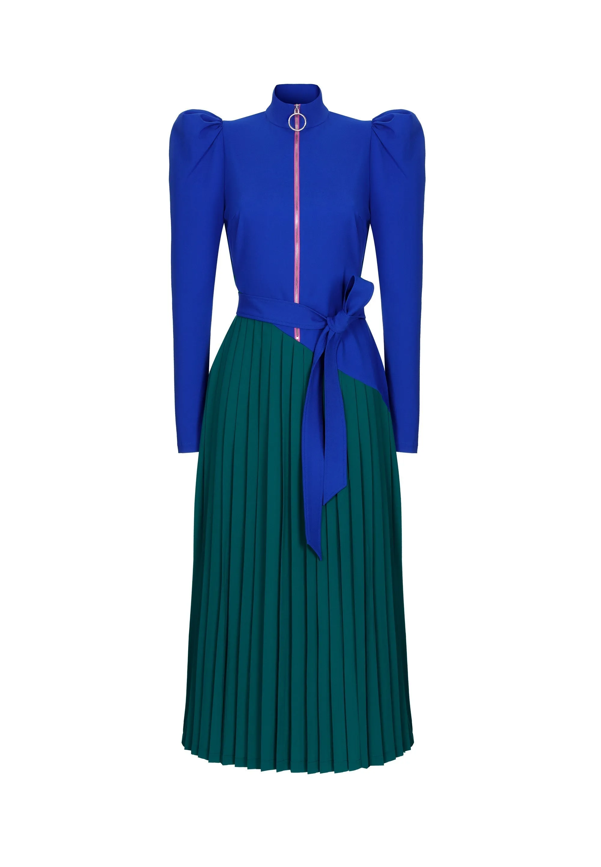 Blue & Green Puff Long Sleeve High Neck Pleated Belted Zip Front Futuristic Midi Dress