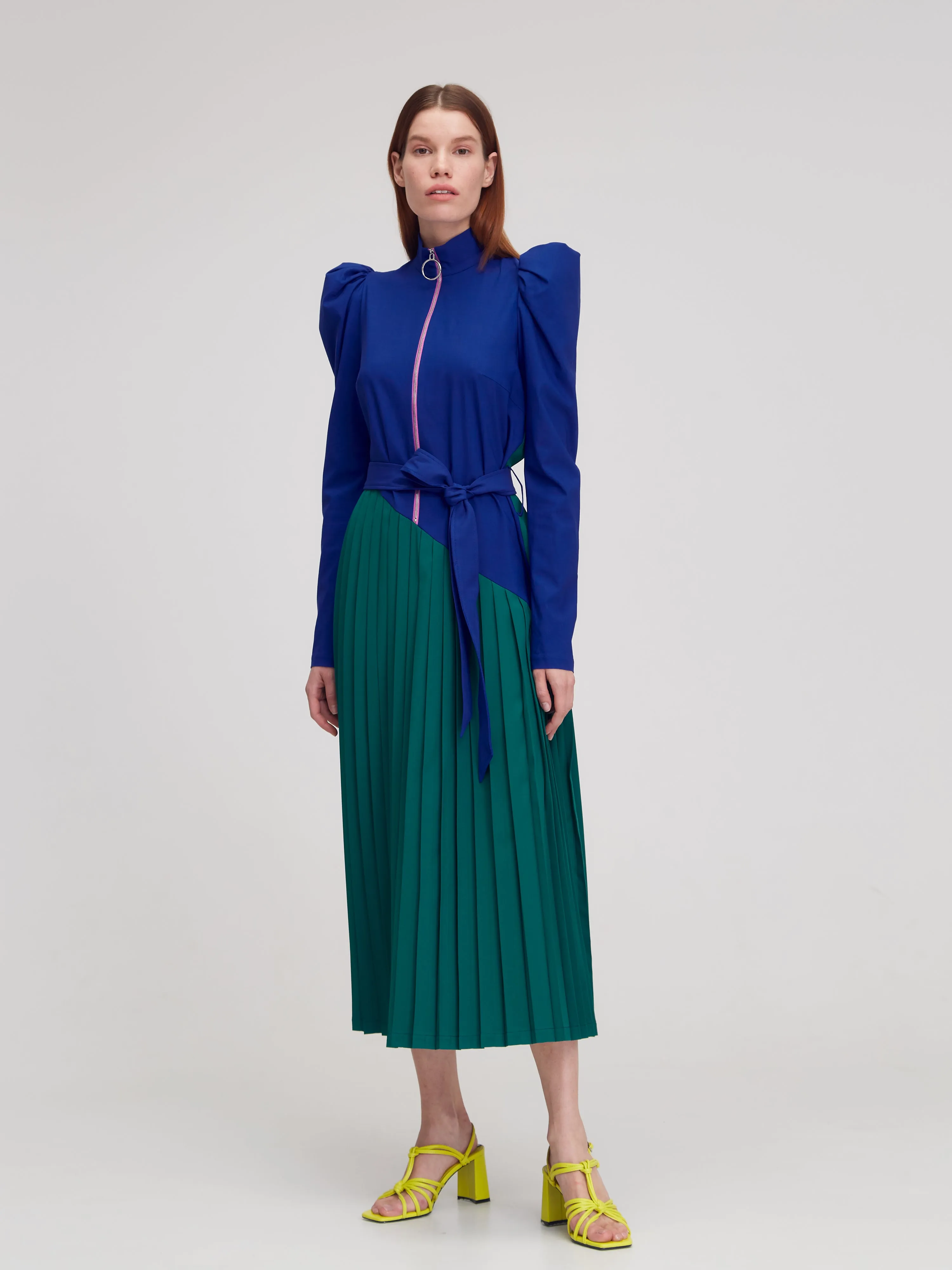 Blue & Green Puff Long Sleeve High Neck Pleated Belted Zip Front Futuristic Midi Dress