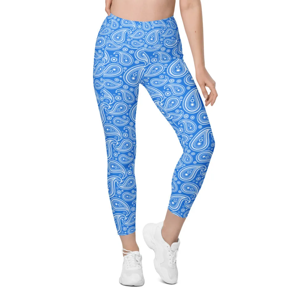 Blue & White Paisley Leggings with Pockets