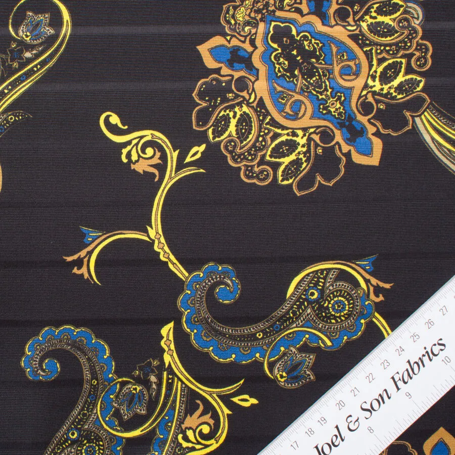 Blue & Yellow Paisley Black Silk Faille