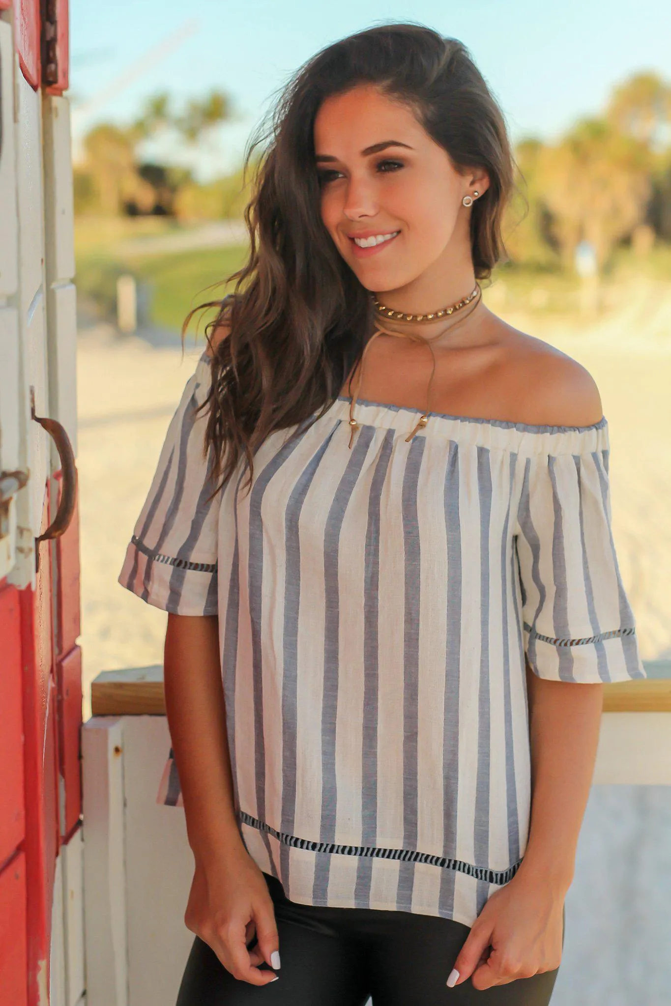 Blue and Ivory Off Shoulder Striped Top