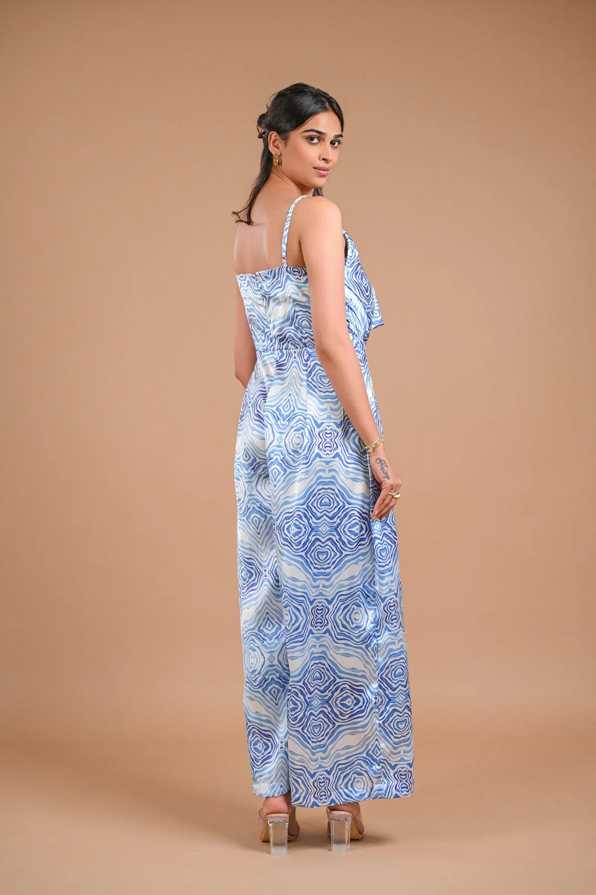 Blue and White Printed Satin Co-ord Set