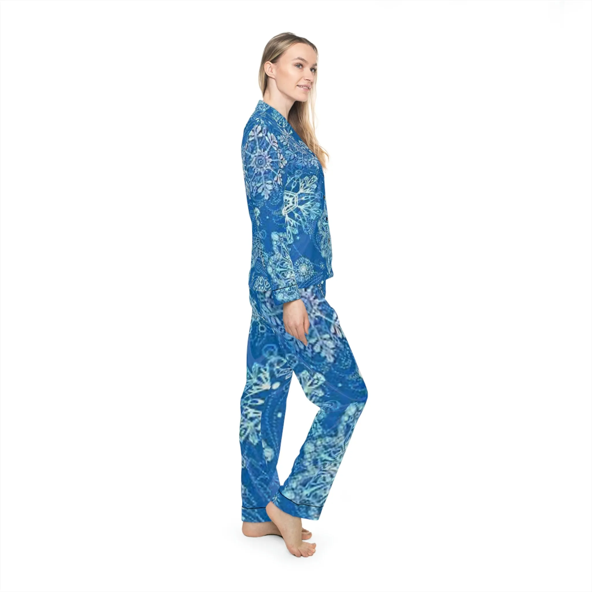 Blue and white snowflake Women's Satin Pajamas (AOP)