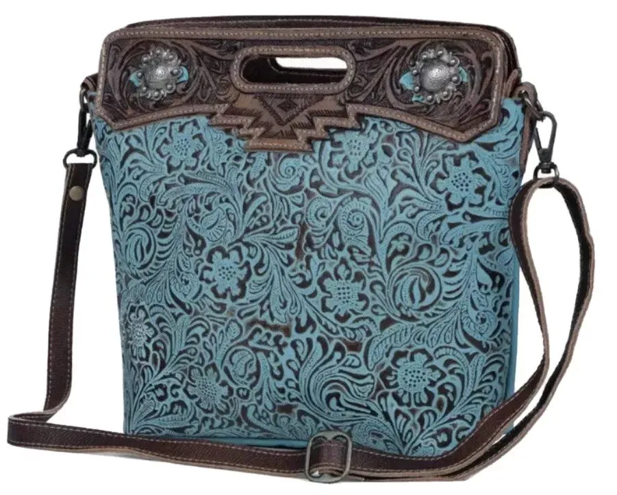 Blue Blossoms Tooled Leather Shoulder Bag