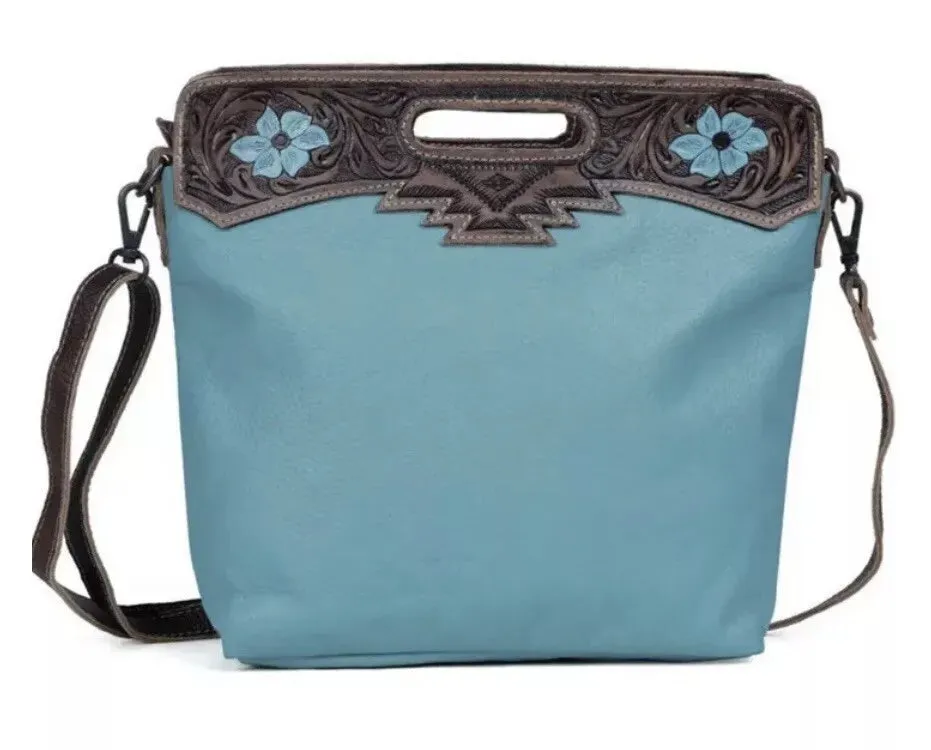 Blue Blossoms Tooled Leather Shoulder Bag