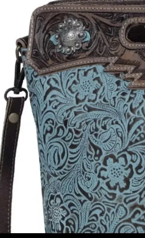 Blue Blossoms Tooled Leather Shoulder Bag