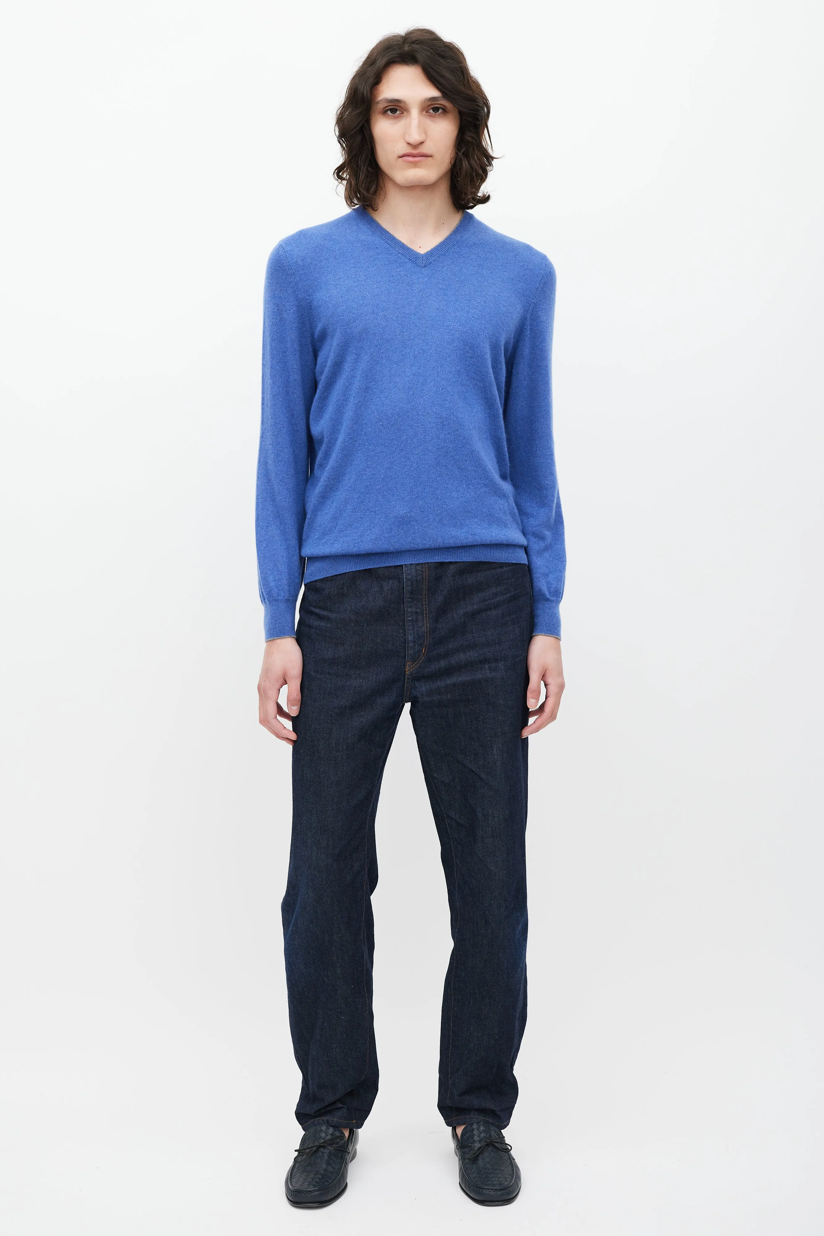 Blue Cashmere V-Neck Sweater