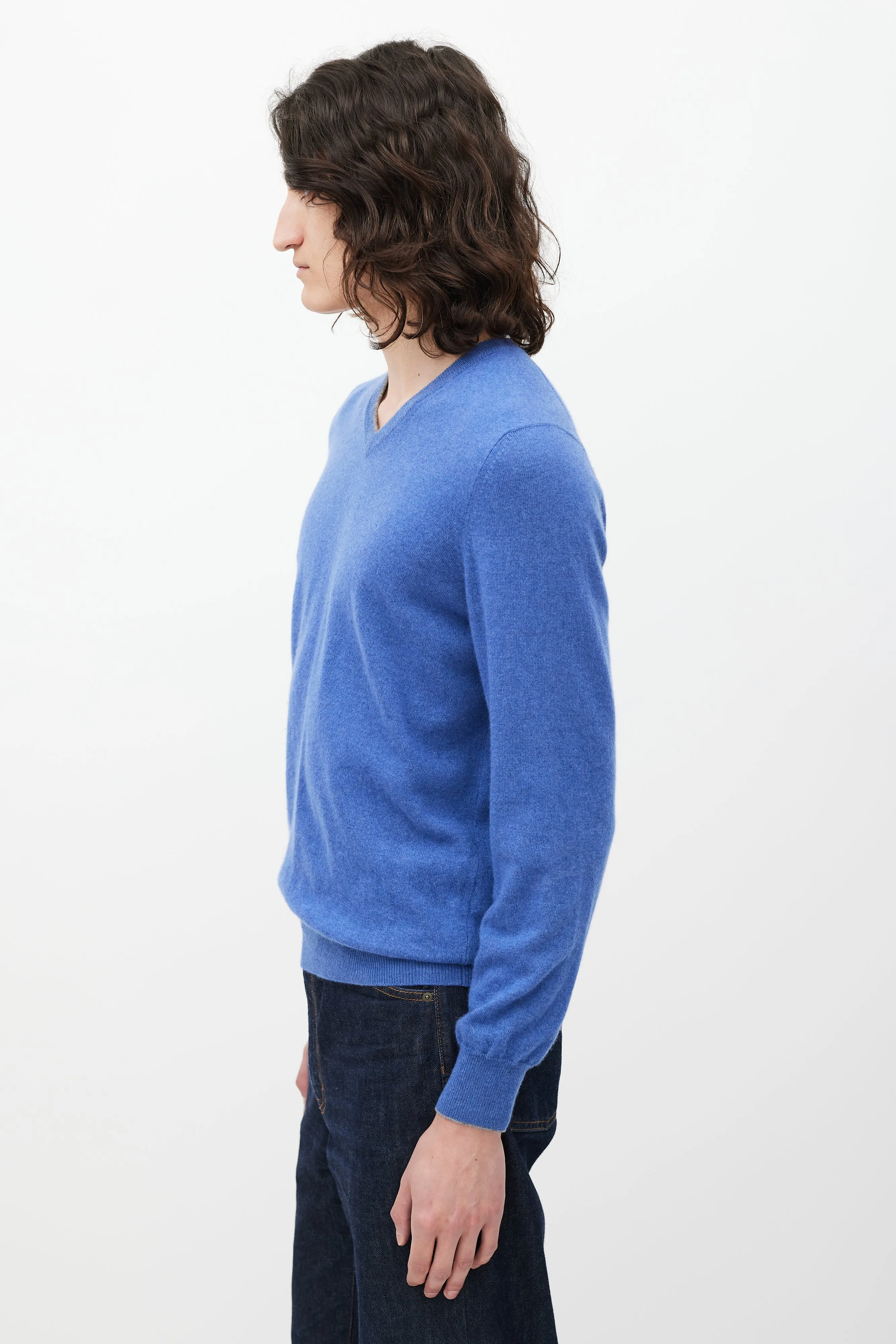 Blue Cashmere V-Neck Sweater