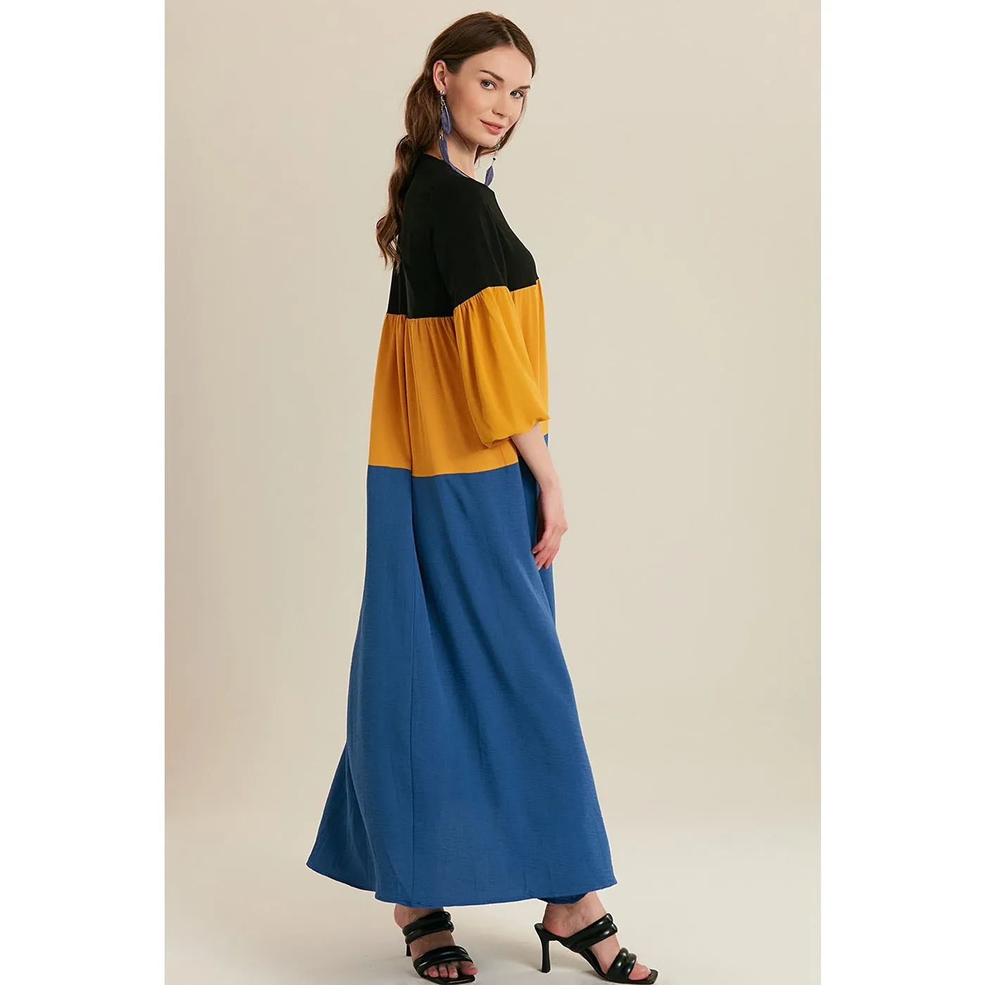 Blue Color Block Long Dress