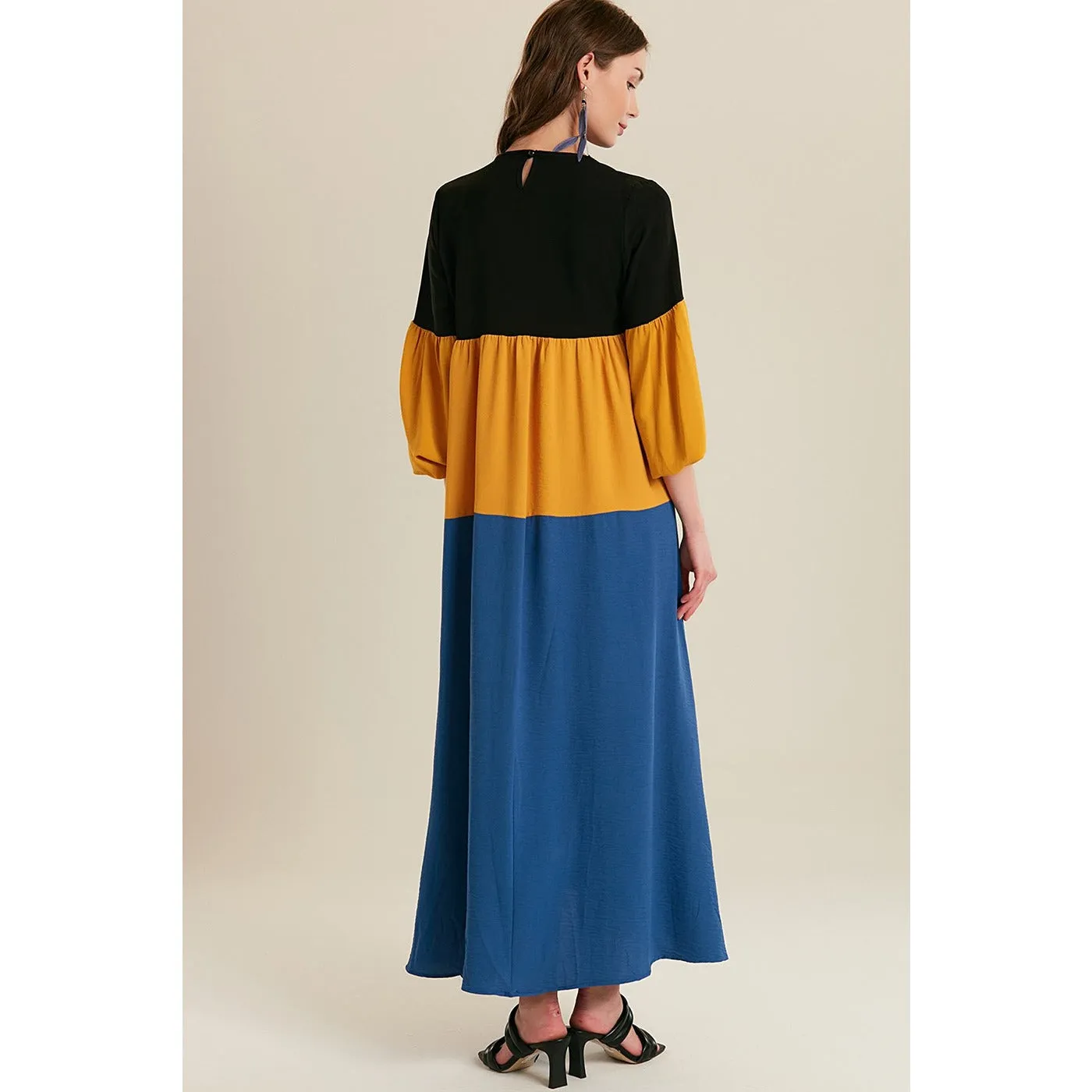 Blue Color Block Long Dress