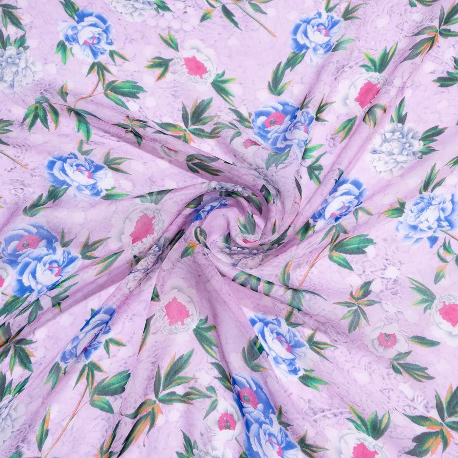 Blue Floral Printed Lilac Pure Silk Chiffon