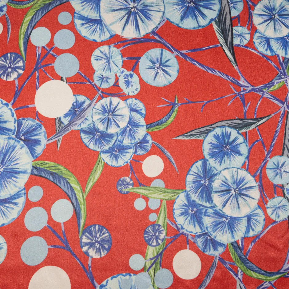 Blue Floral Printed Red Double Silk Satin