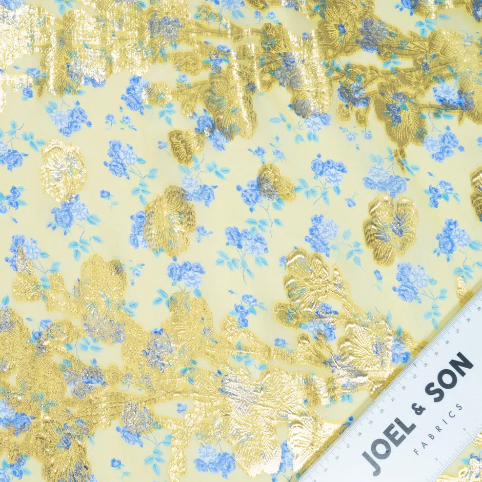 Blue Floral Printed Soft Yellow Metallic Chiffon