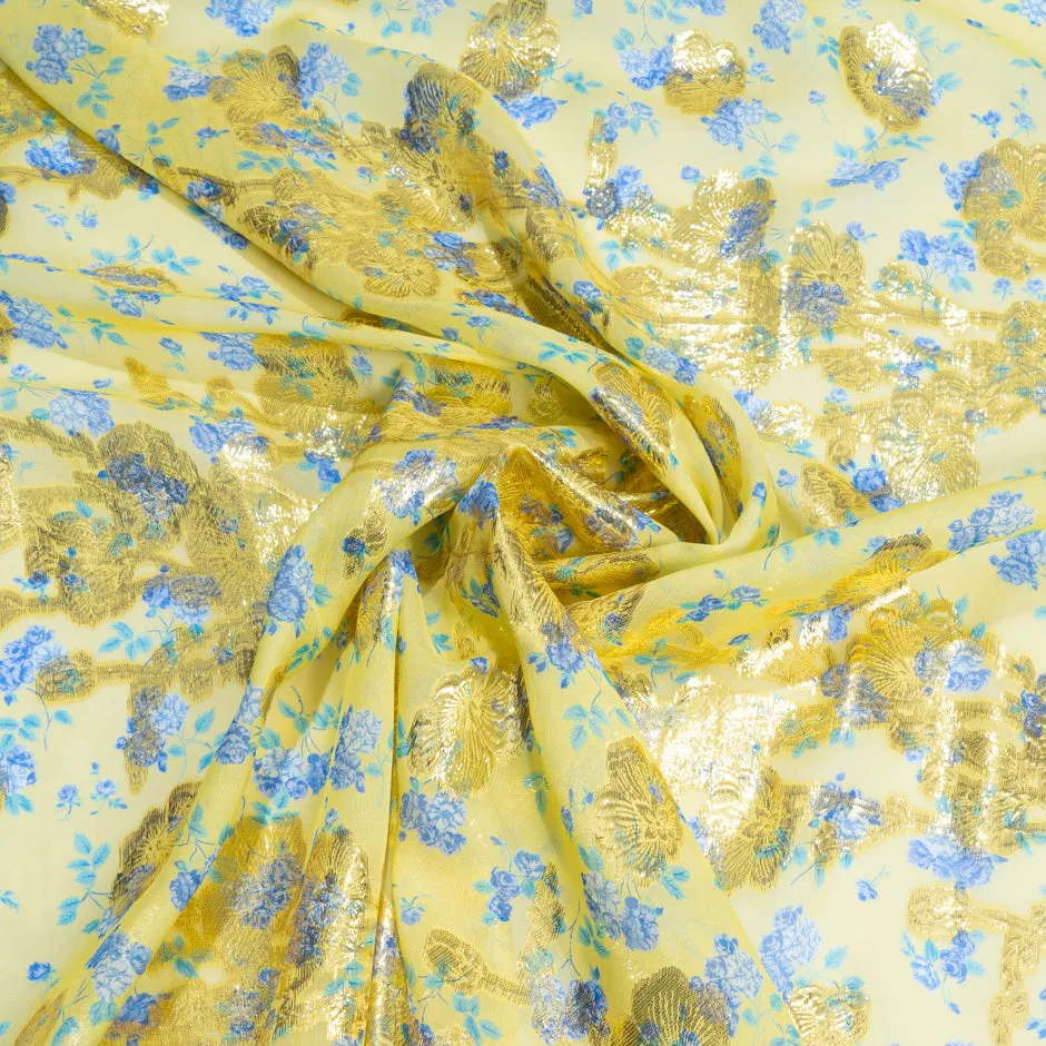 Blue Floral Printed Soft Yellow Metallic Chiffon