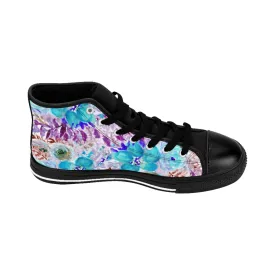 Blue Floral Women's Sneakers, Flower Print Designer High-top Sneakers Tennis Shoes (US Size: 6-12)